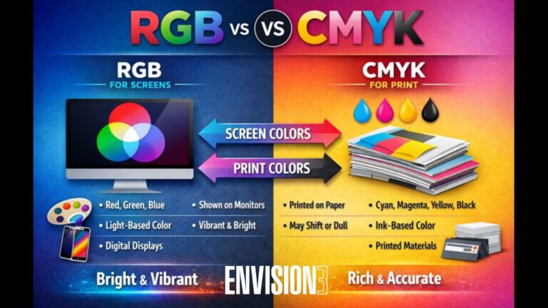 RGB vs CMYK comparison showing screen colors versus print colors